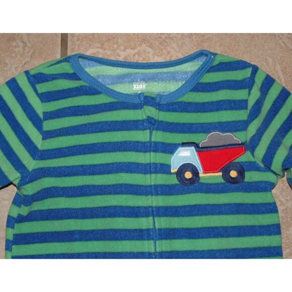 Boys Sz 4 Toddler Green Striped Dump Truck Fleece Zip Up Footed 1 Pc Pajamas - Picture 2 of 3